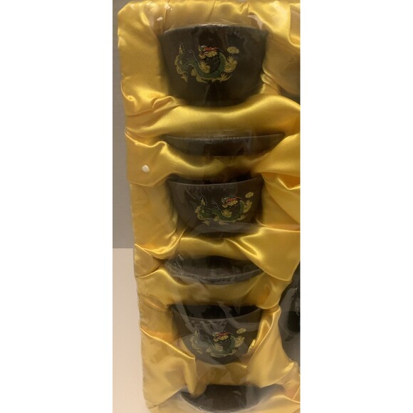 Japanese Dark Ceramic Raku Teacups and Saucers w Dragon Transferware Tea Set. - Picture 2 of 5